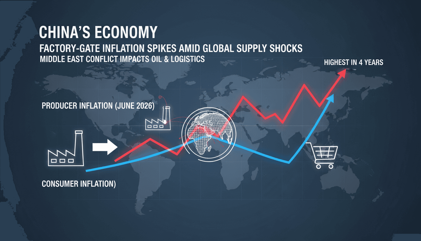 Graph showing China's rising factory-gate inflation and cooling consumer prices.