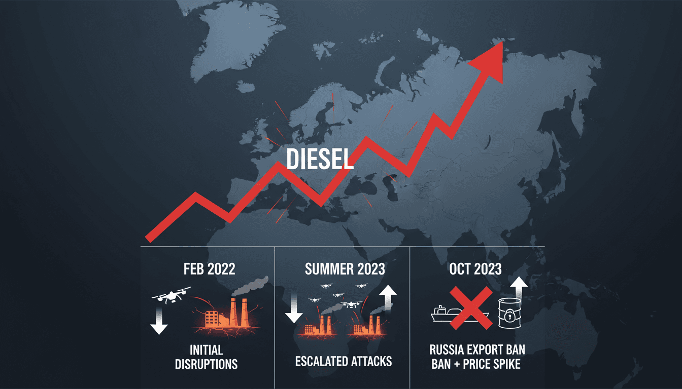 A graphic showing the rise in diesel prices following Russia's export ban.