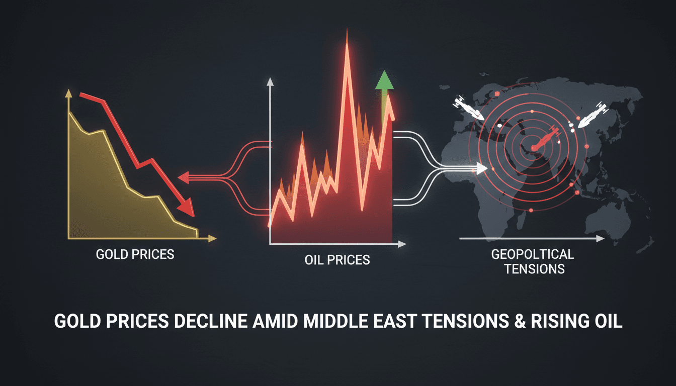 Gold bars with a backdrop of fluctuating oil prices and geopolitical maps.