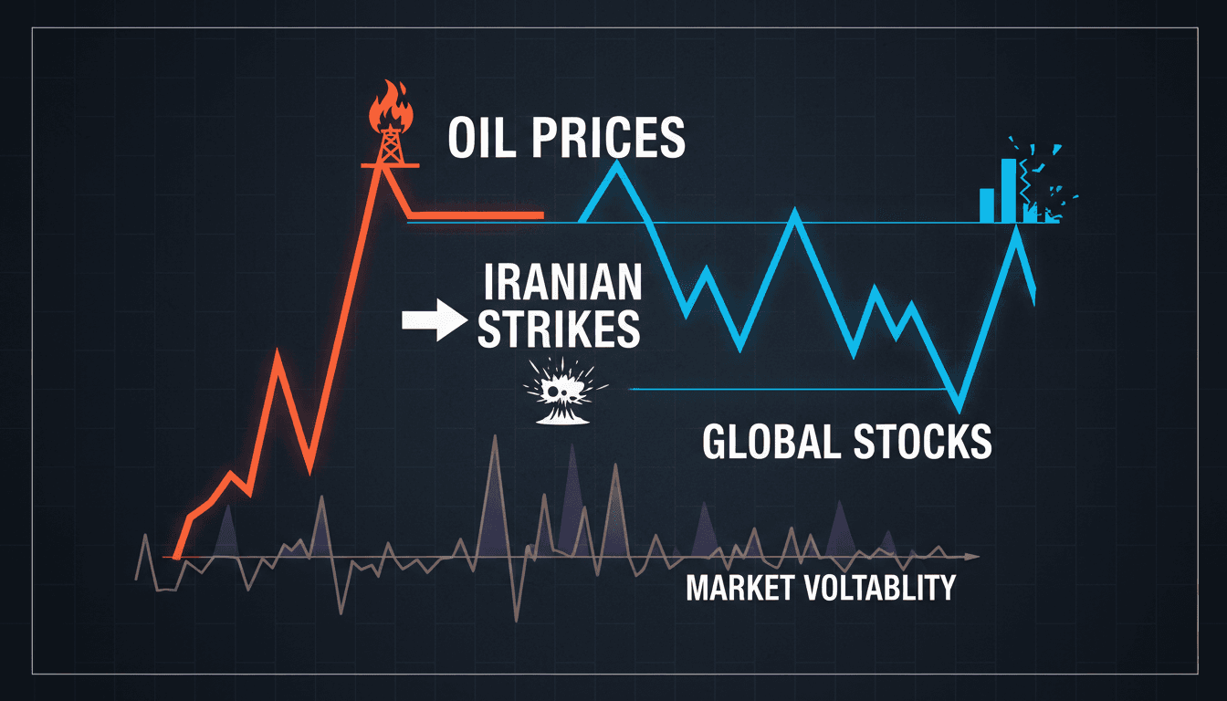 A graph showing the rise in oil prices following Iranian strikes and its effect on stock markets.