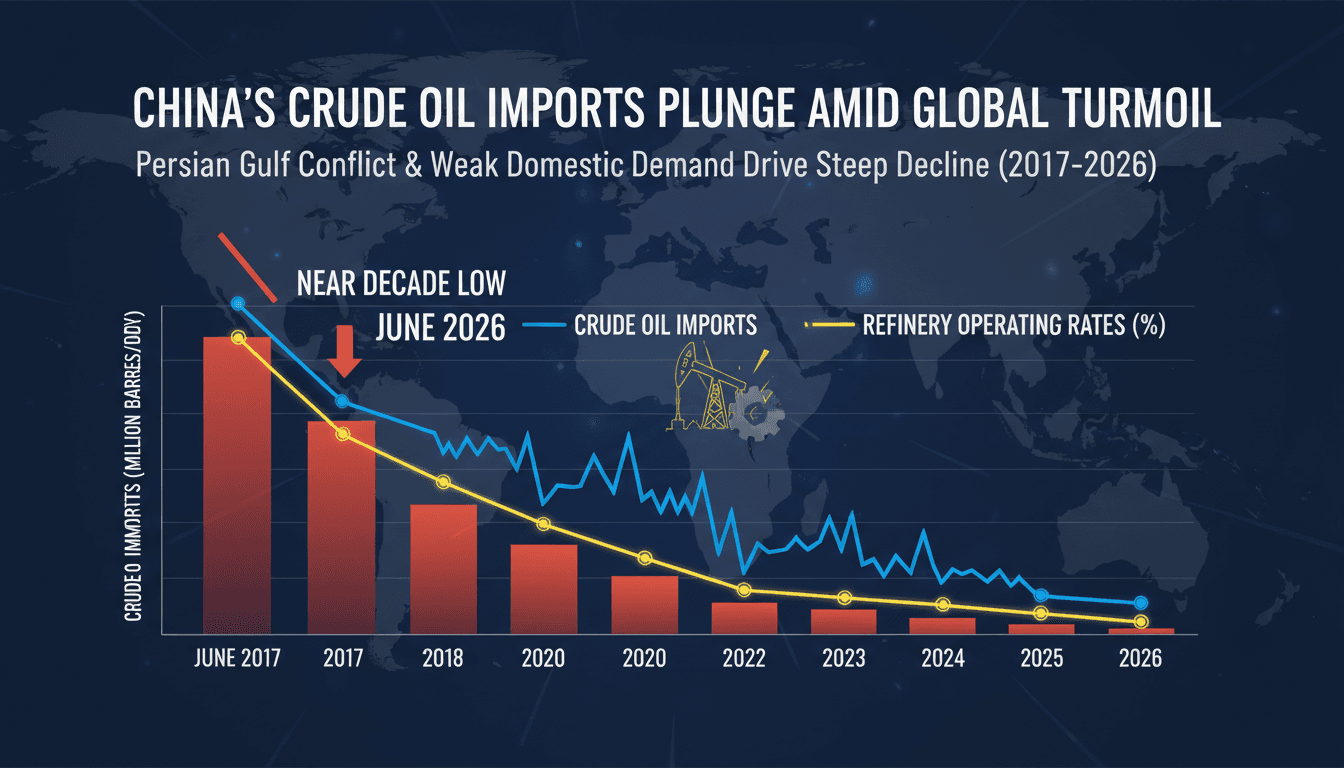 Graph showing the decline in China's crude oil imports and refinery operating rates.