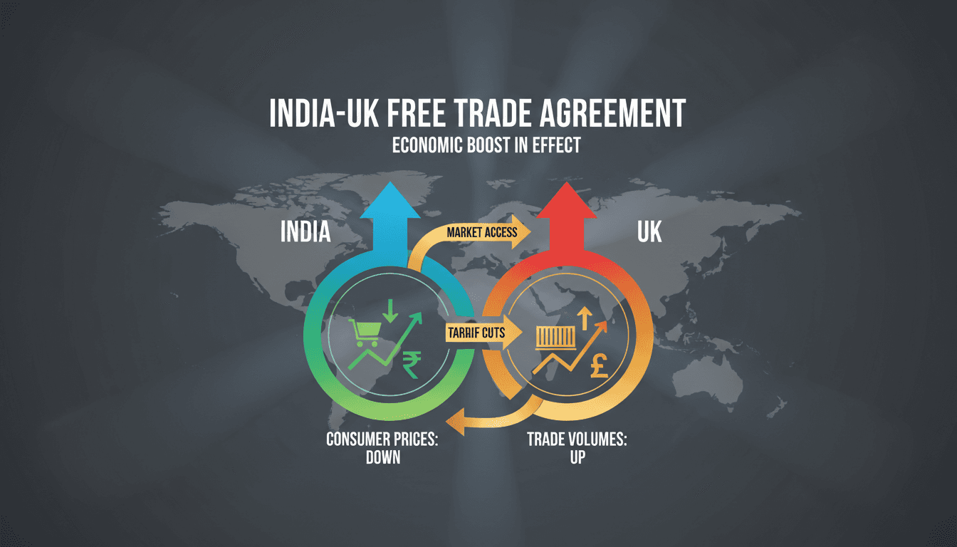A graphic representation of the India-UK trade agreement's impact on economies.