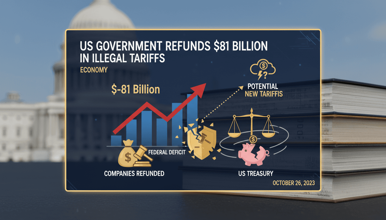 U.S. government building with financial graphs illustrating tariff refunds.