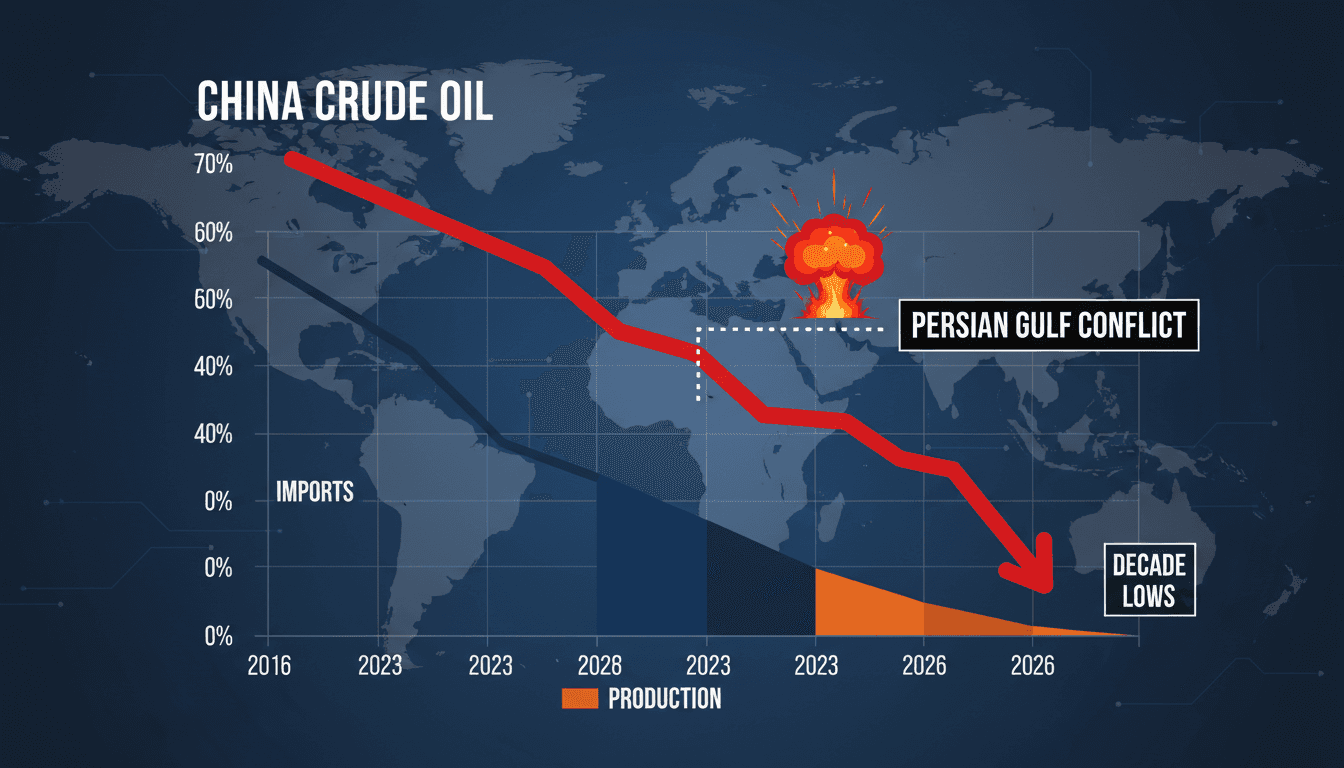 Graph showing the decline in China's crude oil imports and production over the last decade.