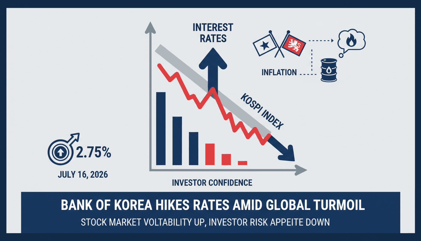 Bank of Korea building with financial graphs overlay