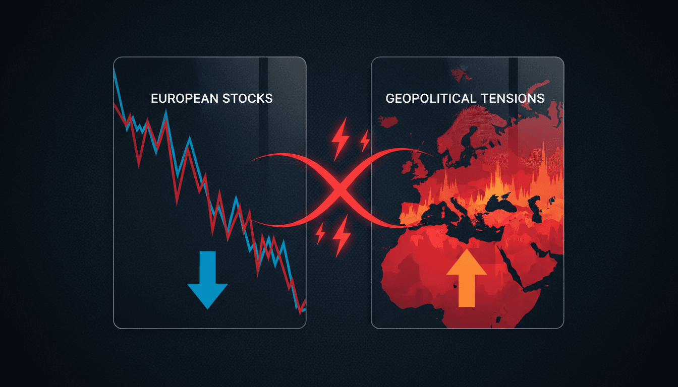 A graph showing the decline of European stock markets amid geopolitical tensions.