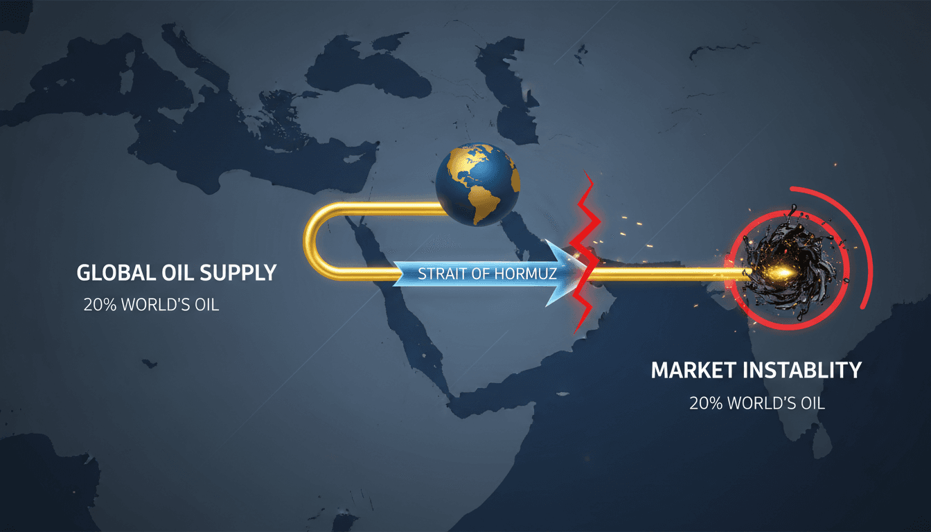 Illustration of the Strait of Hormuz highlighting oil flow and crisis impacts.