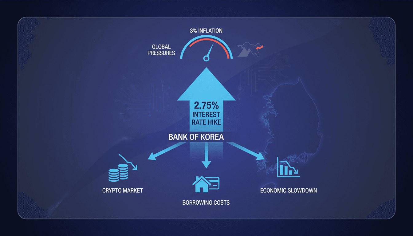 Bank of Korea building with financial graphs overlay