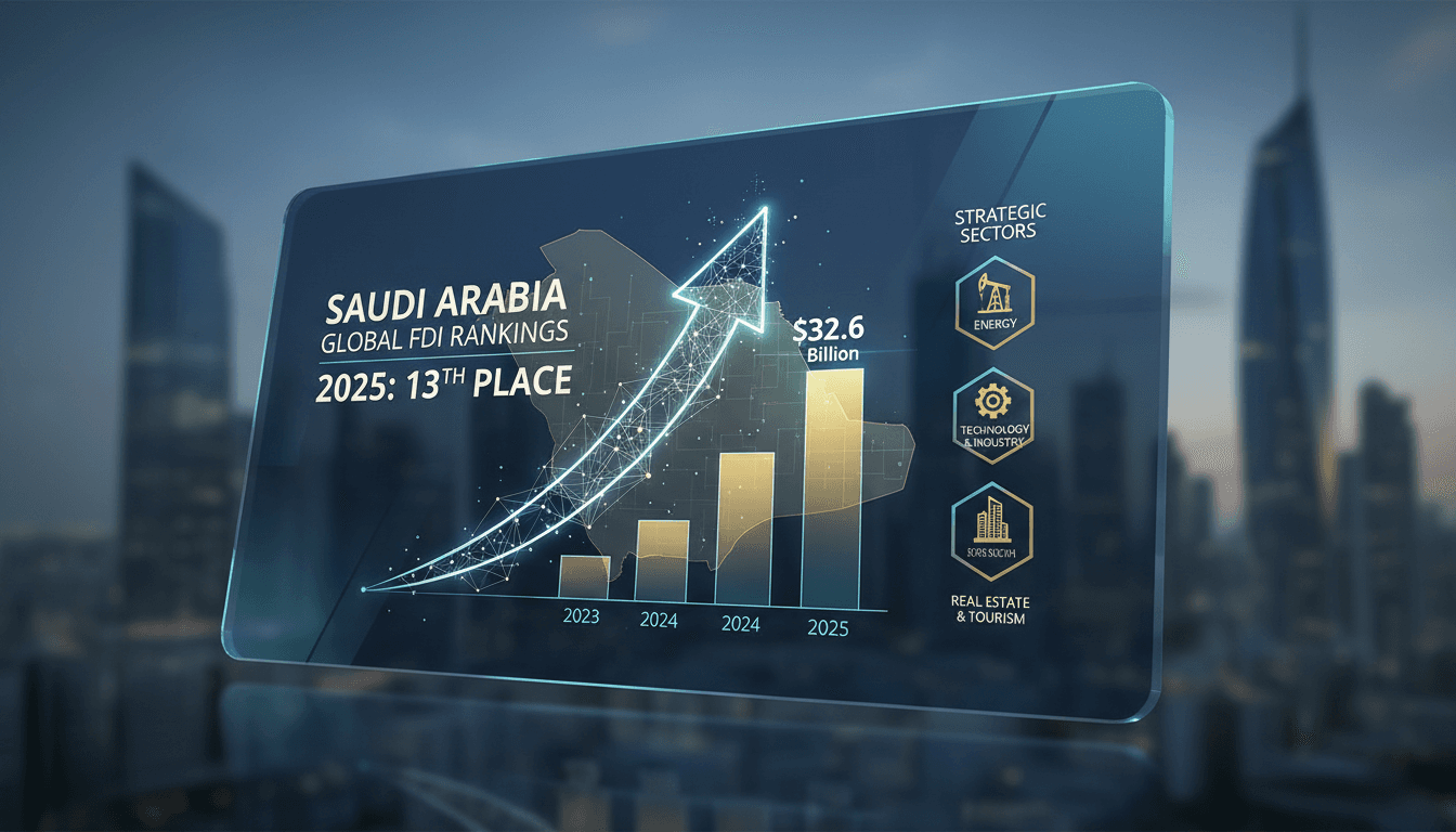 Saudi Arabia's skyline with investment growth statistics