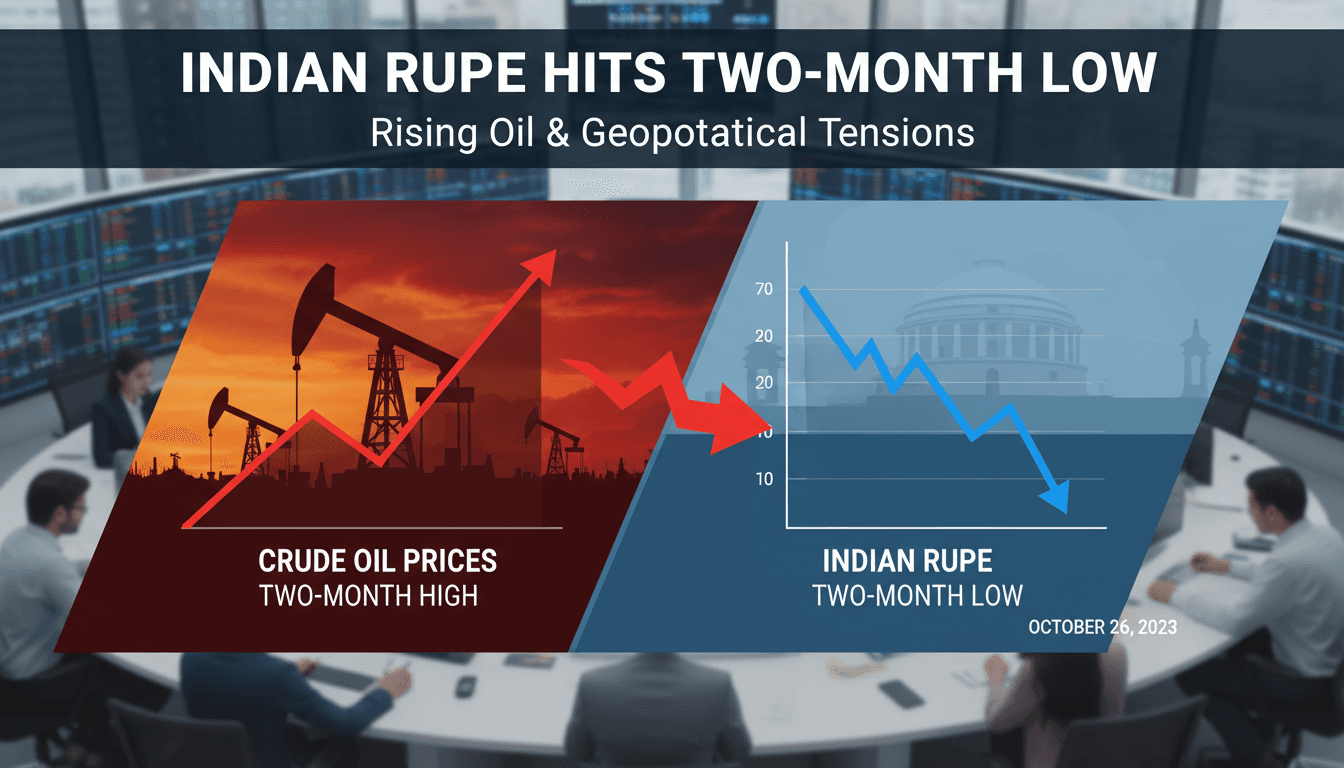 Indian rupee symbol with a backdrop of fluctuating oil prices and geopolitical maps.