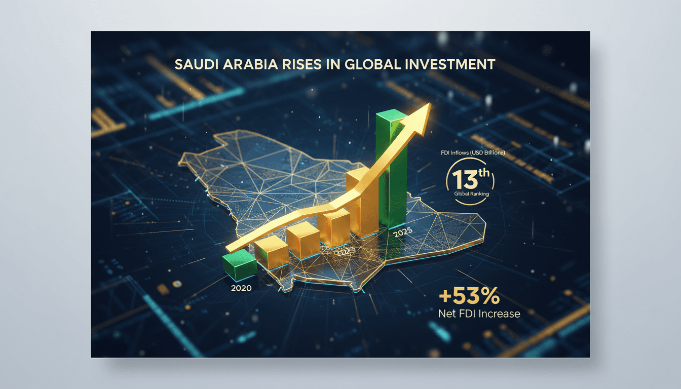 Saudi Arabia's skyline with investment growth indicators