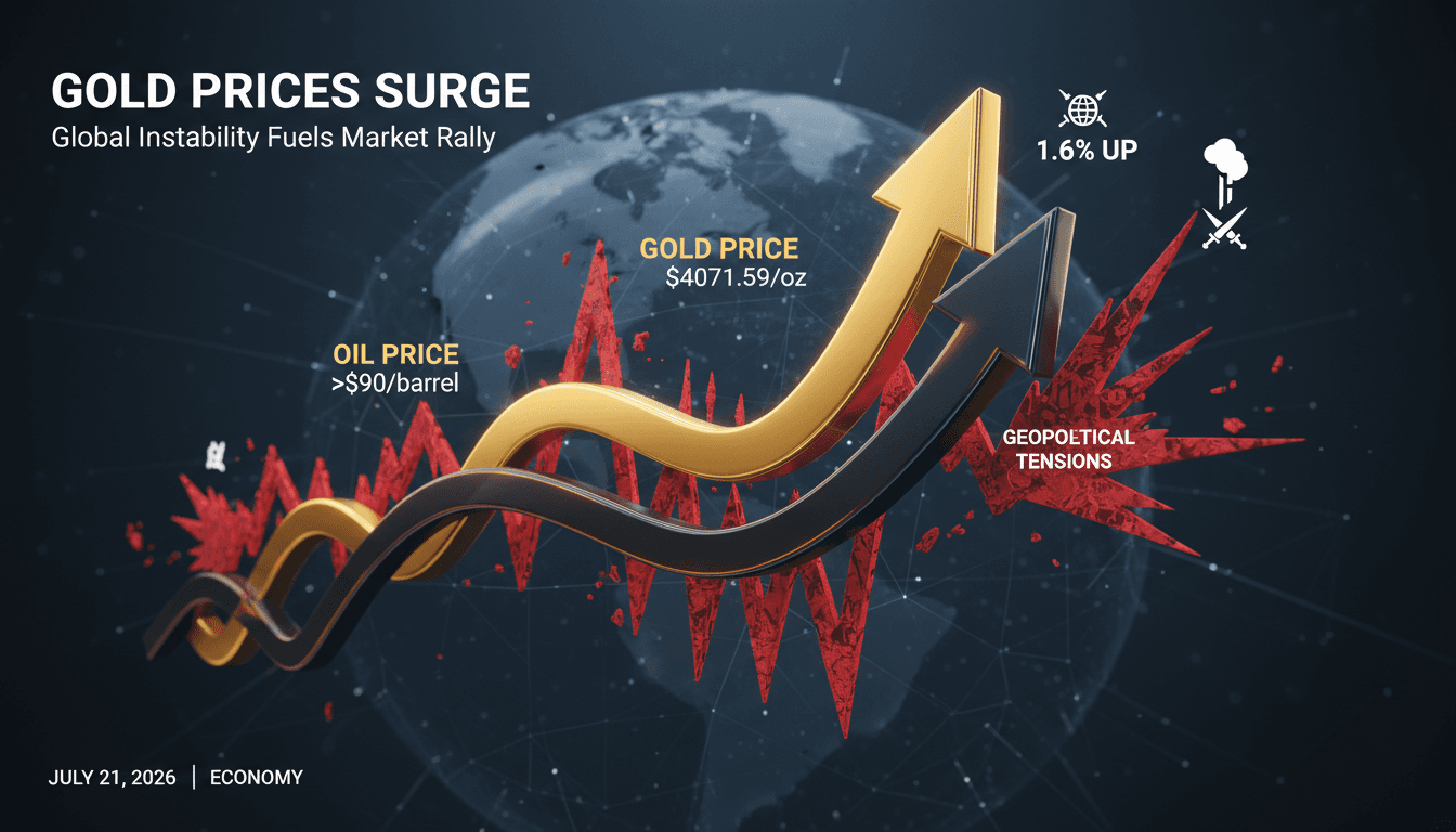 Gold bars with a backdrop of fluctuating oil prices and geopolitical maps.