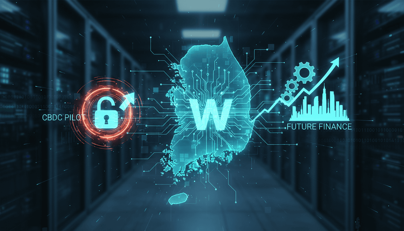 Bank of Korea building with digital currency graphics