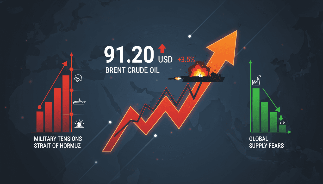 Oil tanker in the Strait of Hormuz with rising price graph overlay