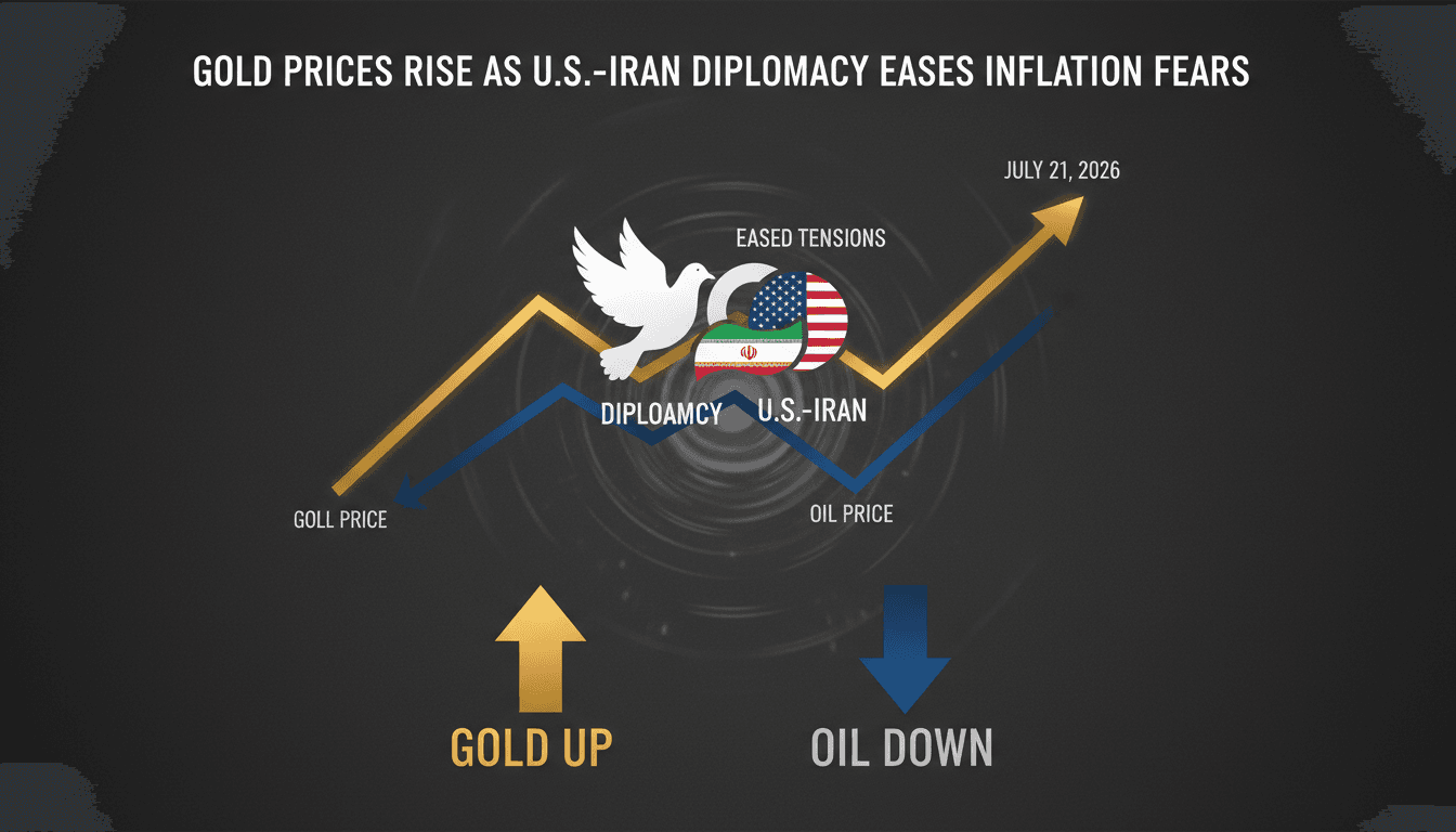 Gold bars with a backdrop of diplomatic negotiations between the U.S. and Iran.