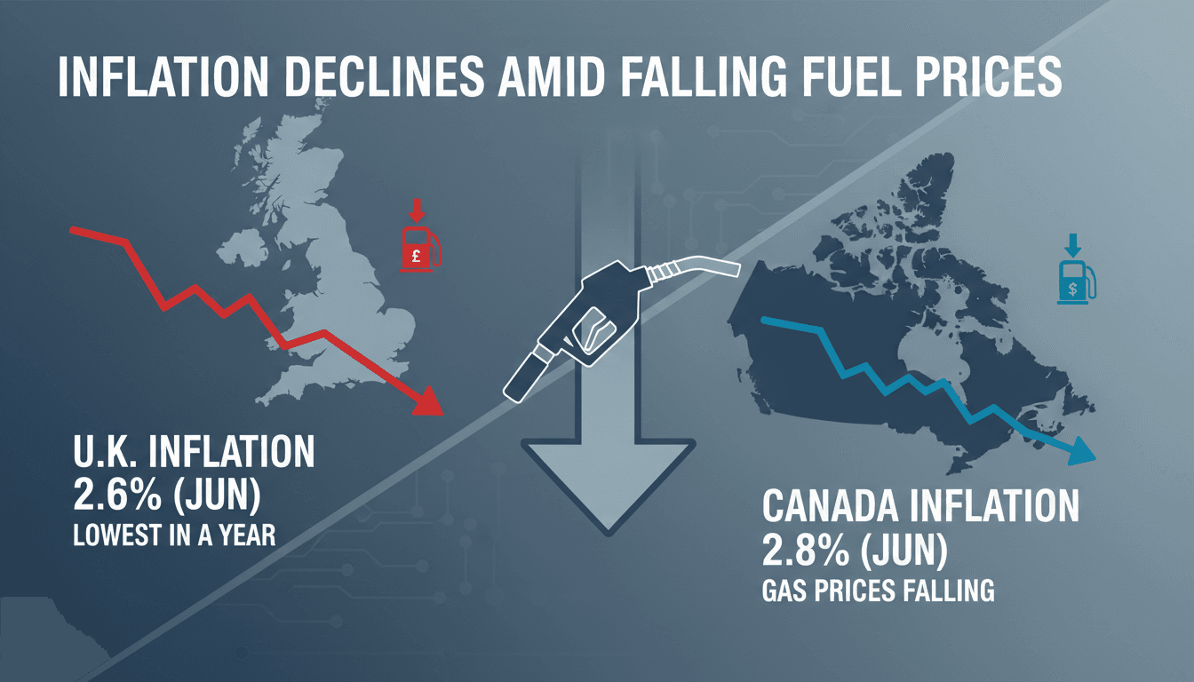 Graph showing the decline in inflation rates in the U.K. and Canada due to falling gasoline prices.
