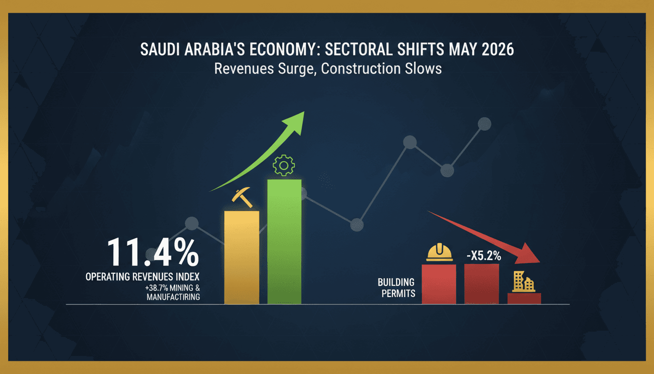 Graph showing the rise in Saudi Arabia's Operating Revenues Index and decline in building permits.