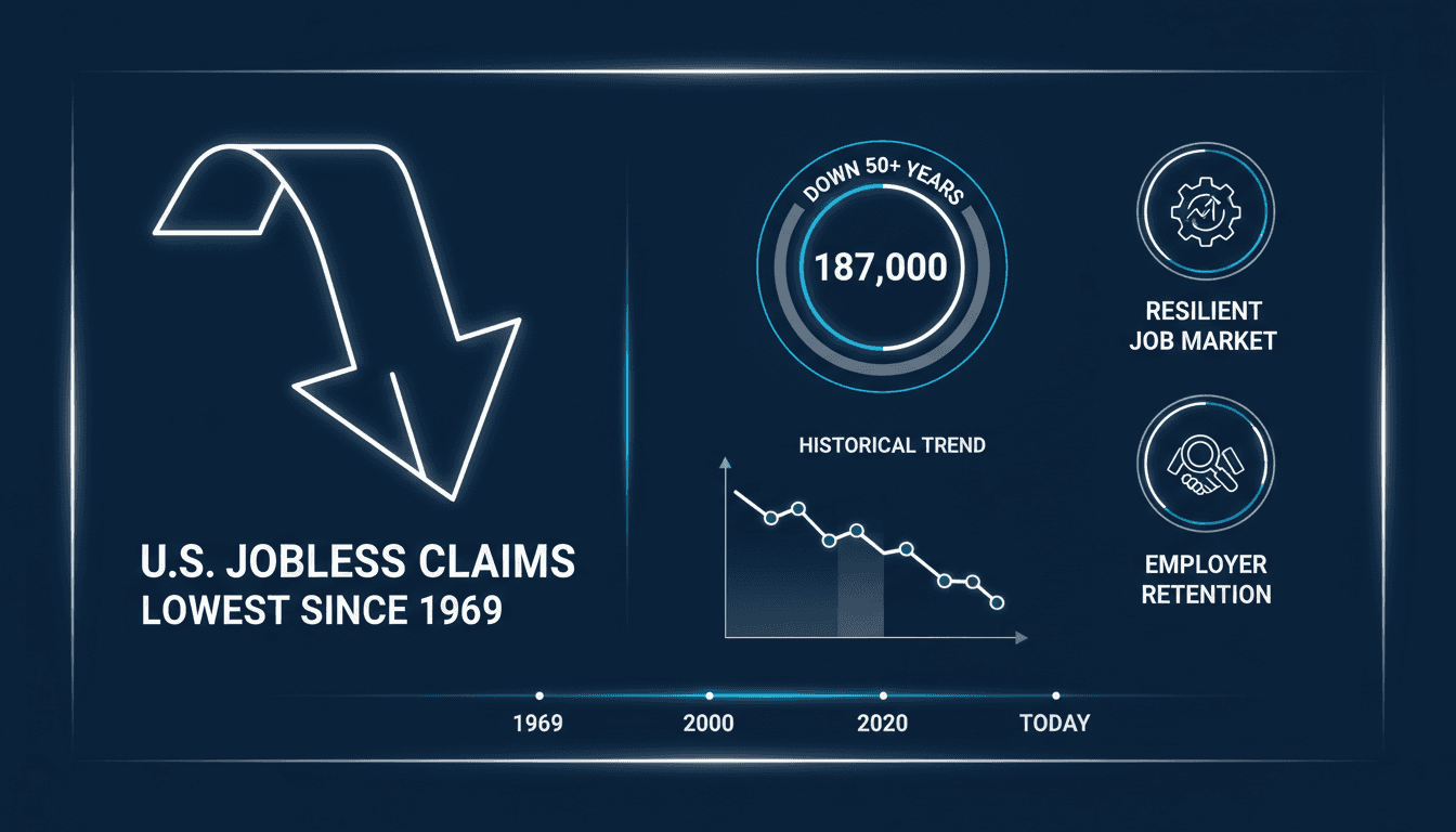Graph showing the decline of U.S. jobless claims over the decades.
