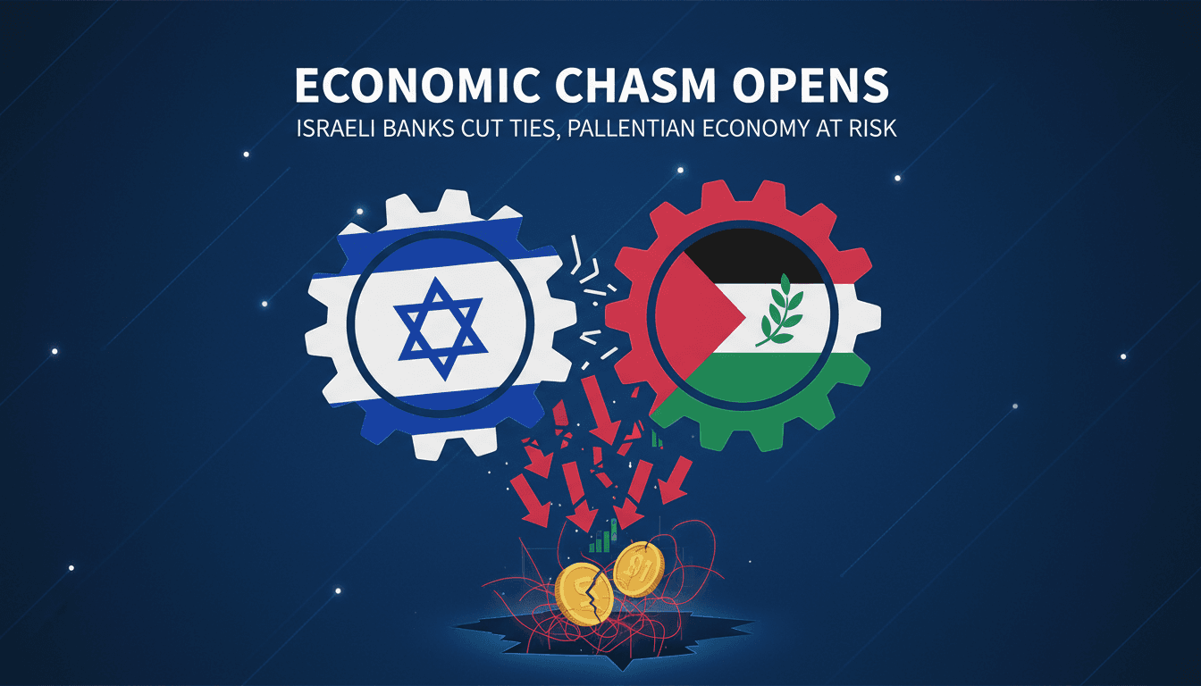 Illustration depicting the economic impact of banking ties between Israel and Palestine.