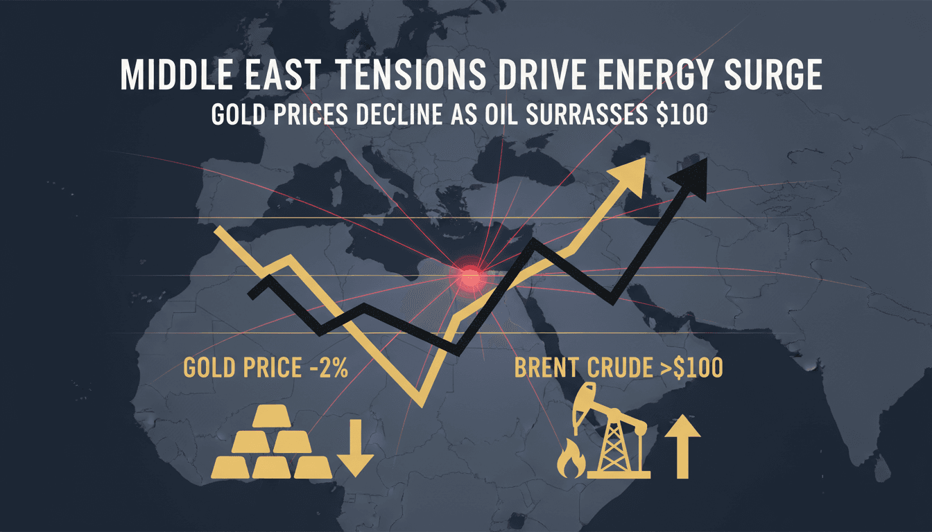 Gold bars and oil barrels representing market fluctuations.