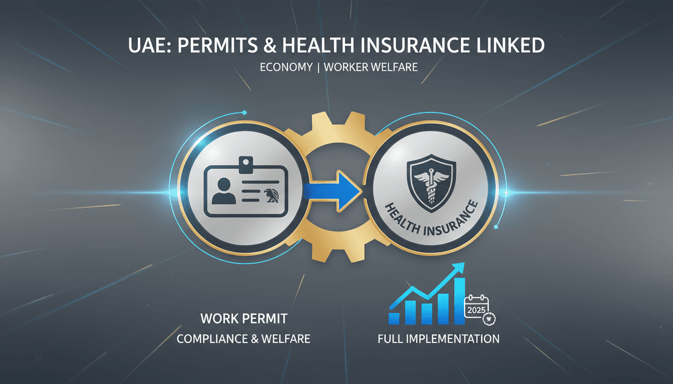 Infographic showing the connection between work permits and health insurance in the UAE.