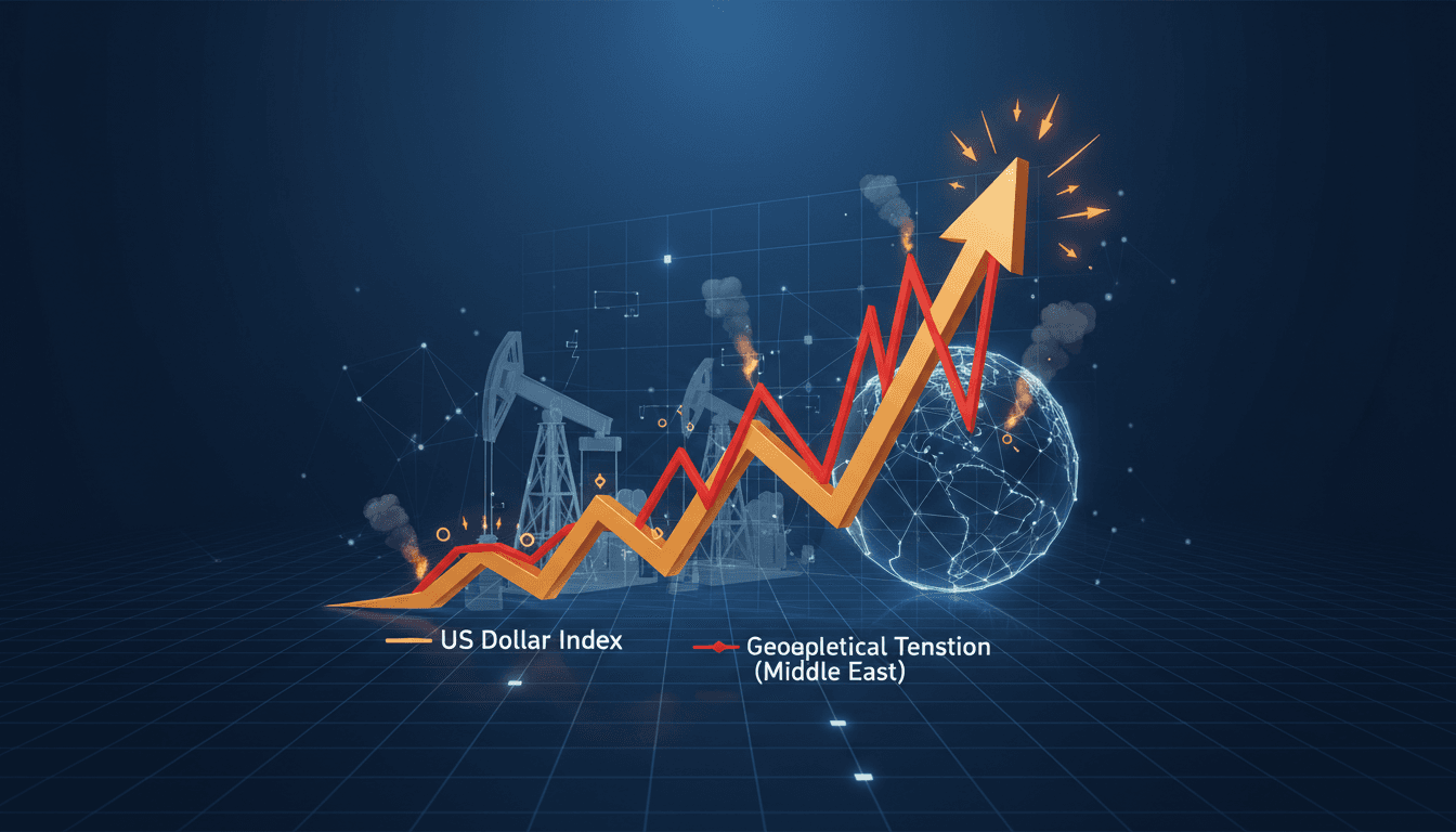 A graphic showing the rise of the US dollar against the backdrop of Middle East geopolitical tensions.