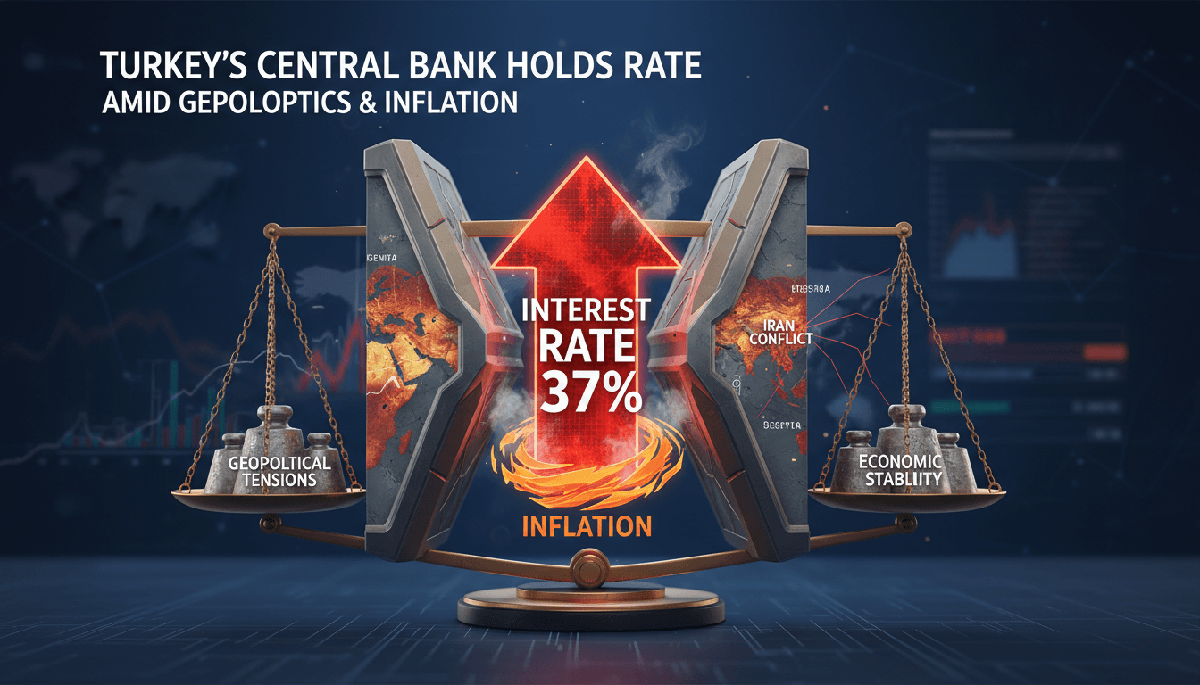 Turkey's central bank building with financial graphs overlay