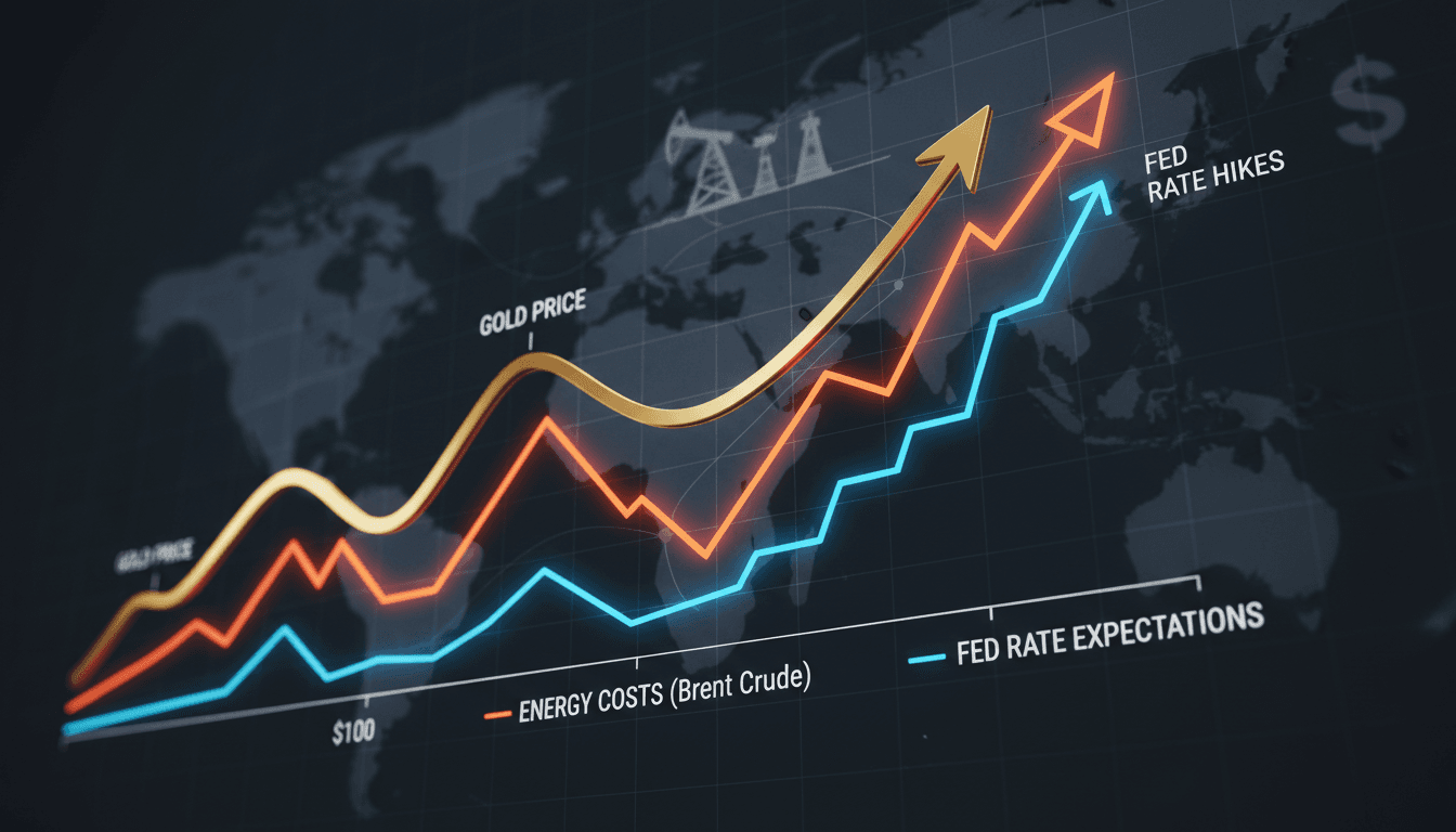 A visual representation of gold price fluctuations against energy costs and interest rate expectations.