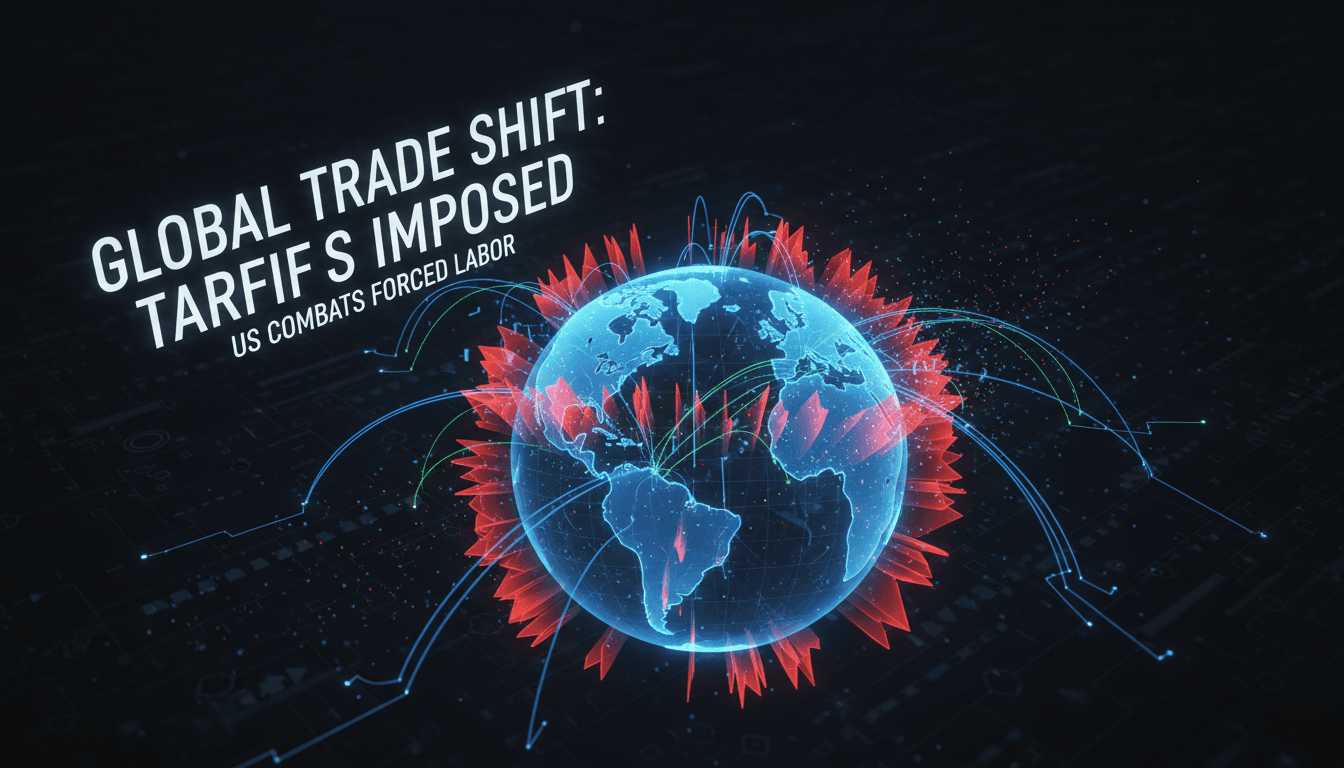 U.S. flag with trade symbols representing tariffs and global commerce