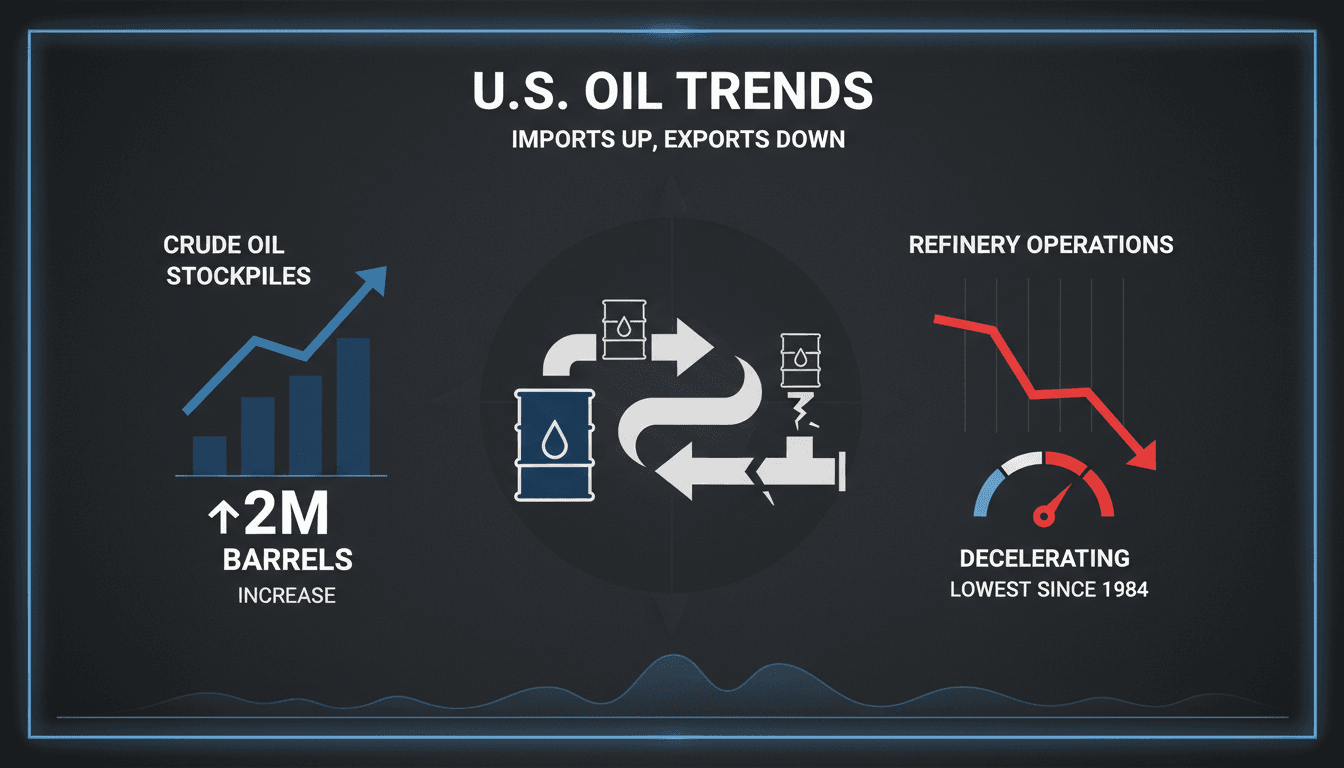 Graph showing the rise in U.S. crude oil stockpiles and decline in refinery operations.