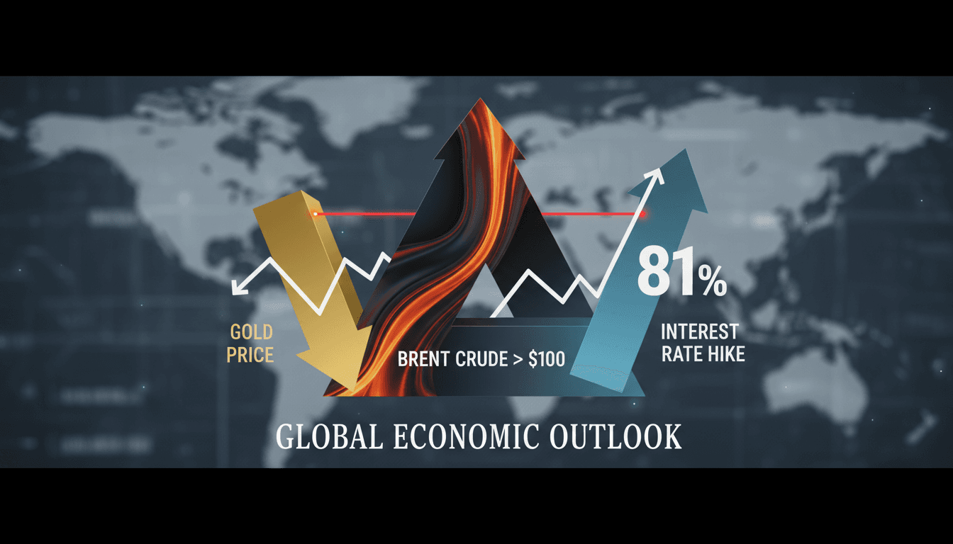 Graph showing the decline in gold prices alongside rising Brent crude oil prices.