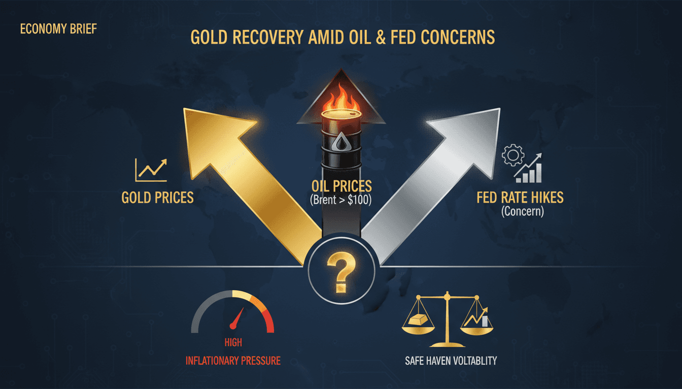 Gold bars with rising oil prices and Federal Reserve symbols in the background.
