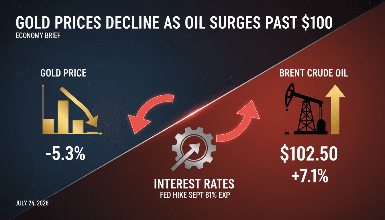 Graph showing the decline in gold prices alongside rising Brent crude oil prices.