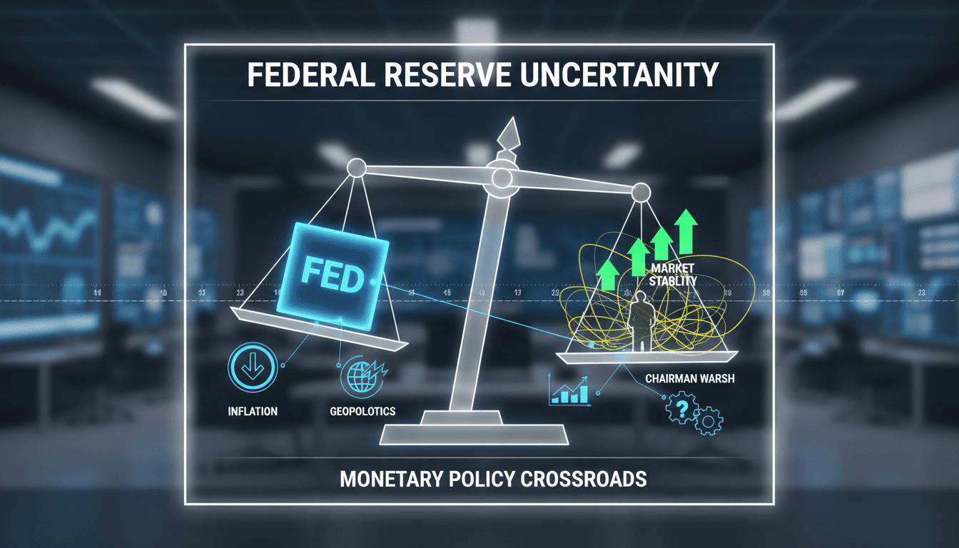 Federal Reserve building with a backdrop of economic data charts