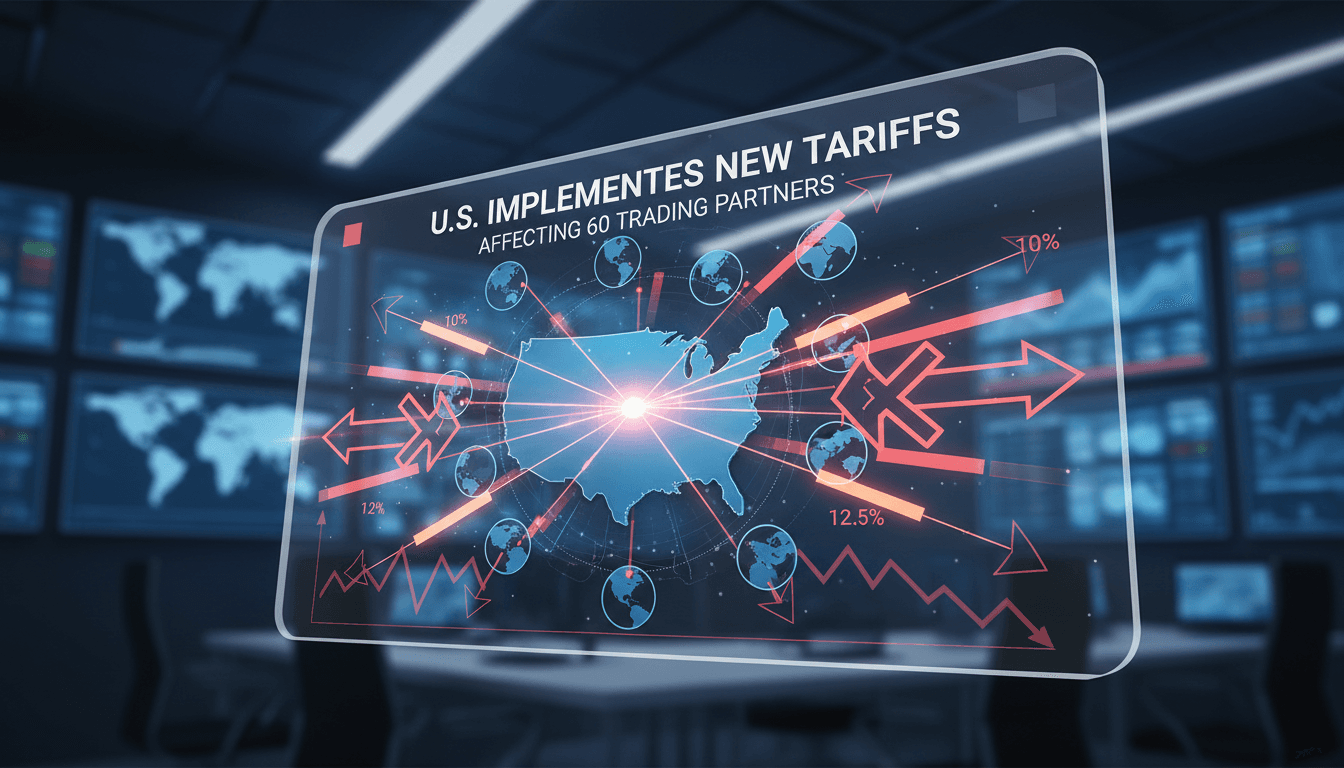 U.S. flag with trade symbols representing affected countries