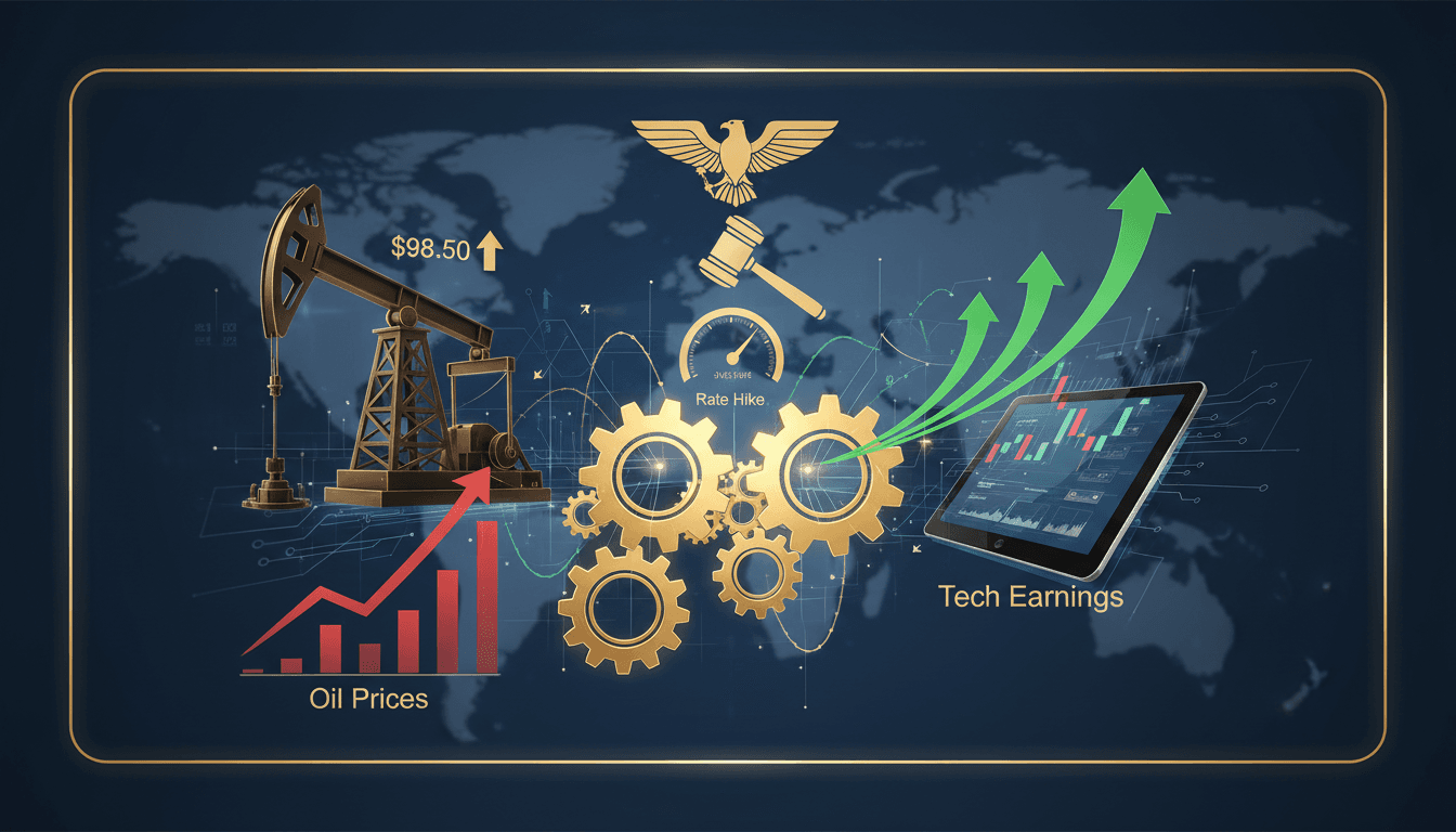 Illustration of market trends influenced by tech earnings and Federal Reserve decisions.