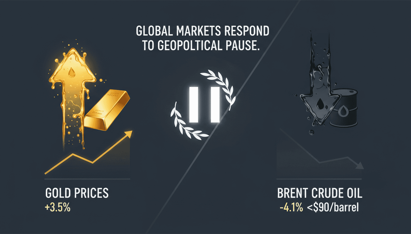 Gold bars with a backdrop of fluctuating oil prices and geopolitical maps.