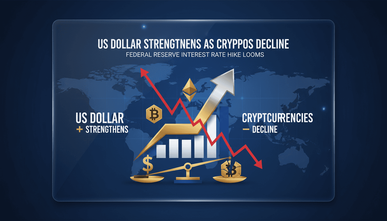 Graph showing the rise of the US dollar and decline of cryptocurrencies.