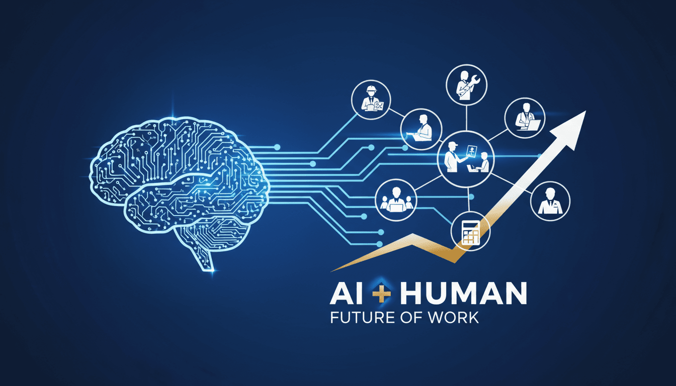 Illustration of human workers collaborating with AI technologies in various industries.