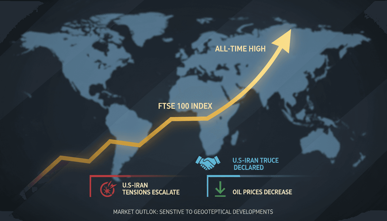 FTSE 100 index chart showing all-time high following geopolitical developments