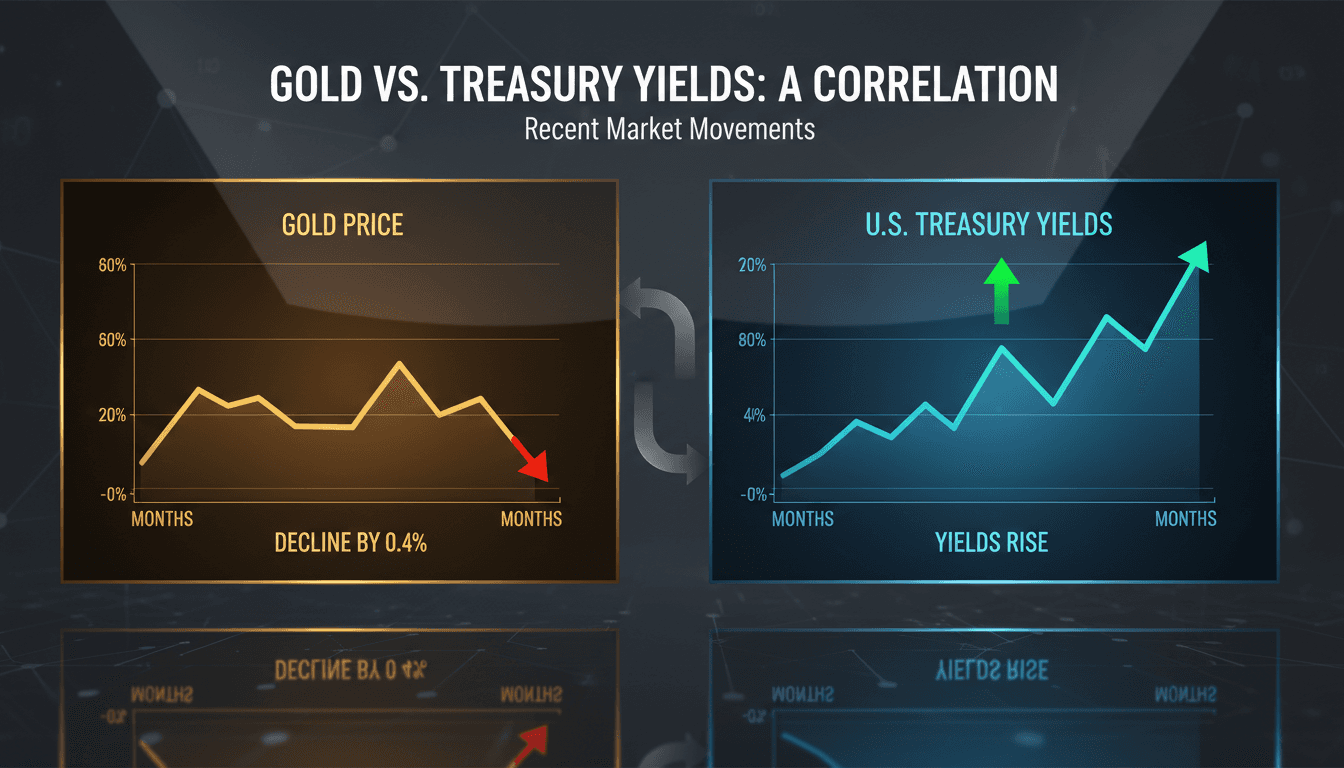 A graph showing the decline in gold prices alongside rising U.S. Treasury yields.