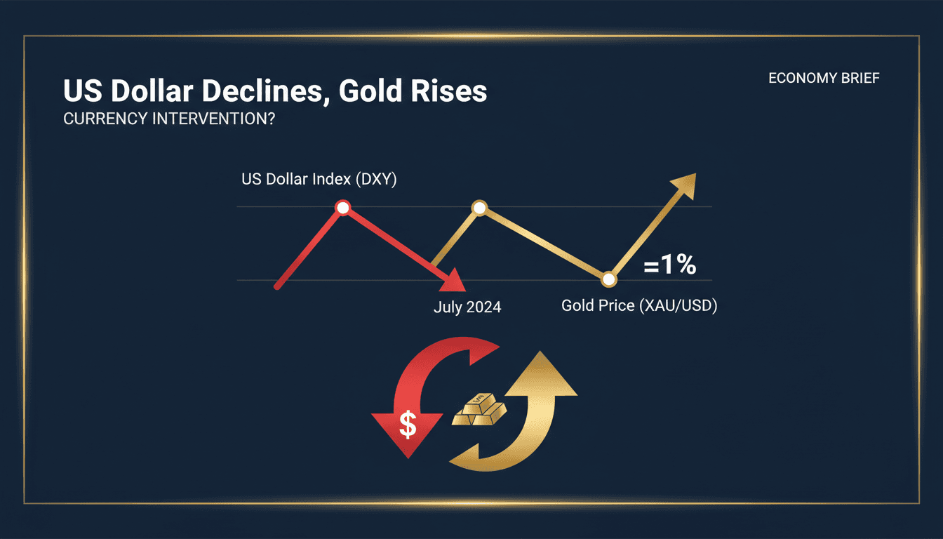 Graph showing the decline of the US dollar against the yen and rising gold prices.