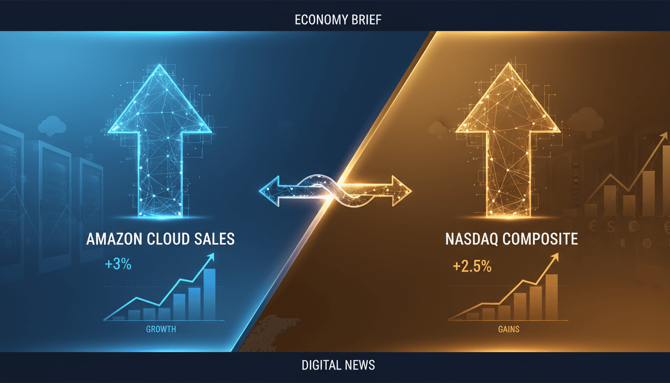 Graph showing Nasdaq Composite rise linked to Amazon cloud sales performance.