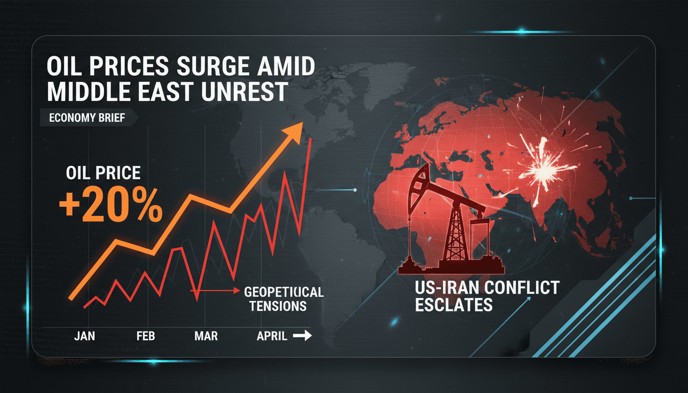 Oil prices rising graph with Middle East conflict backdrop
