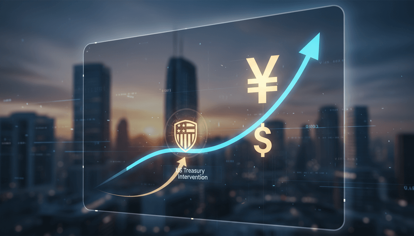 US Treasury building with currency symbols representing the yen and dollar