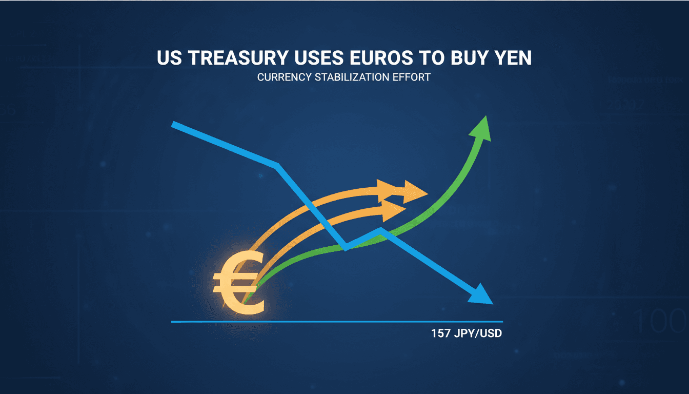 U.S. Treasury building with currency symbols representing yen and euro.