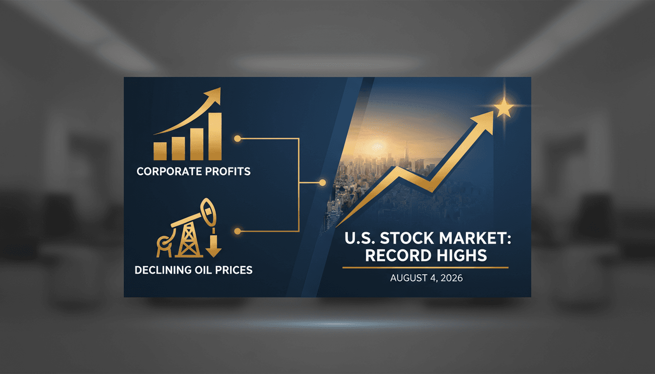 U.S. stock market graph showing record highs and corporate profit trends.