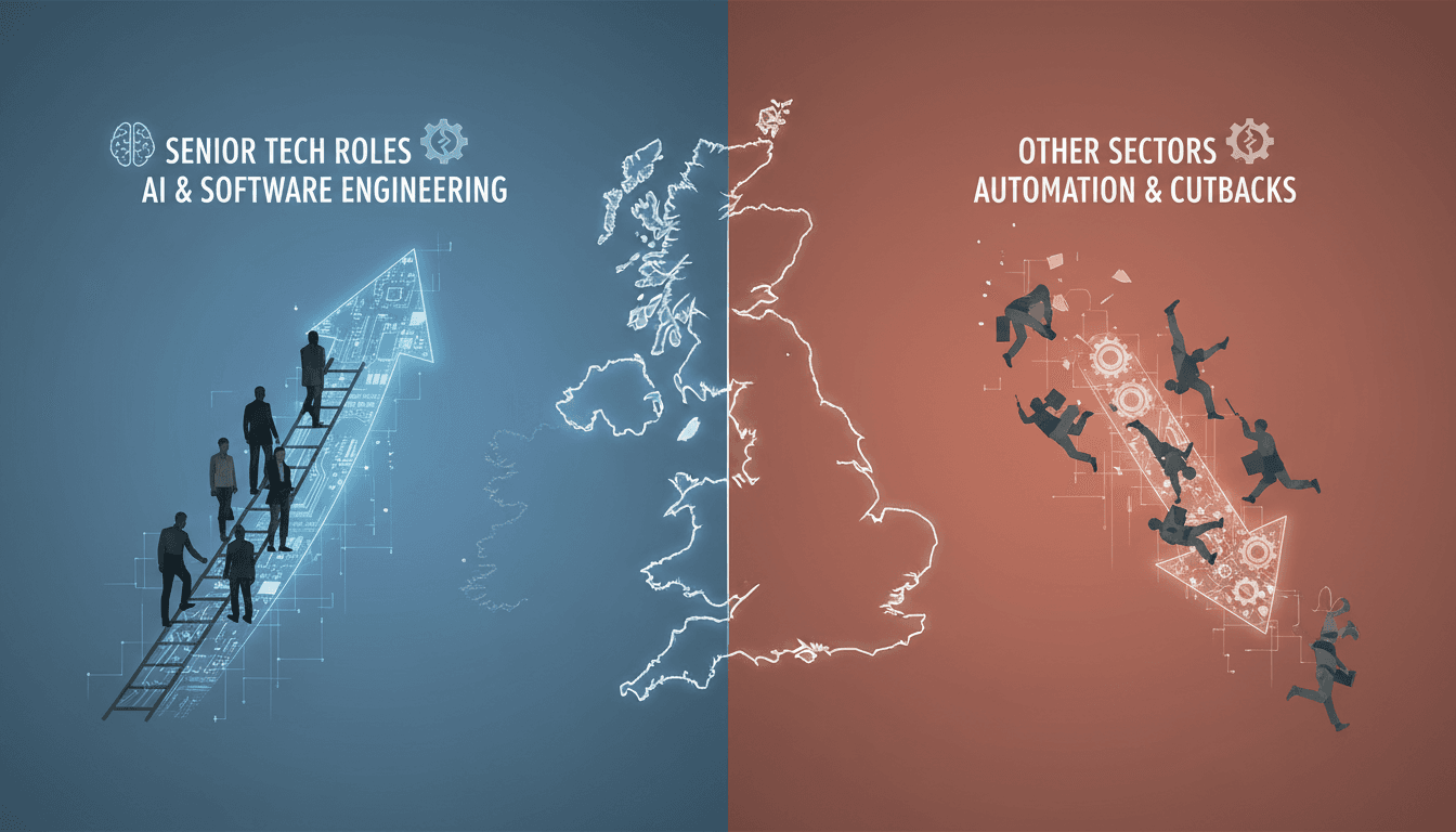 Illustration of the UK job market polarization due to AI advancements.