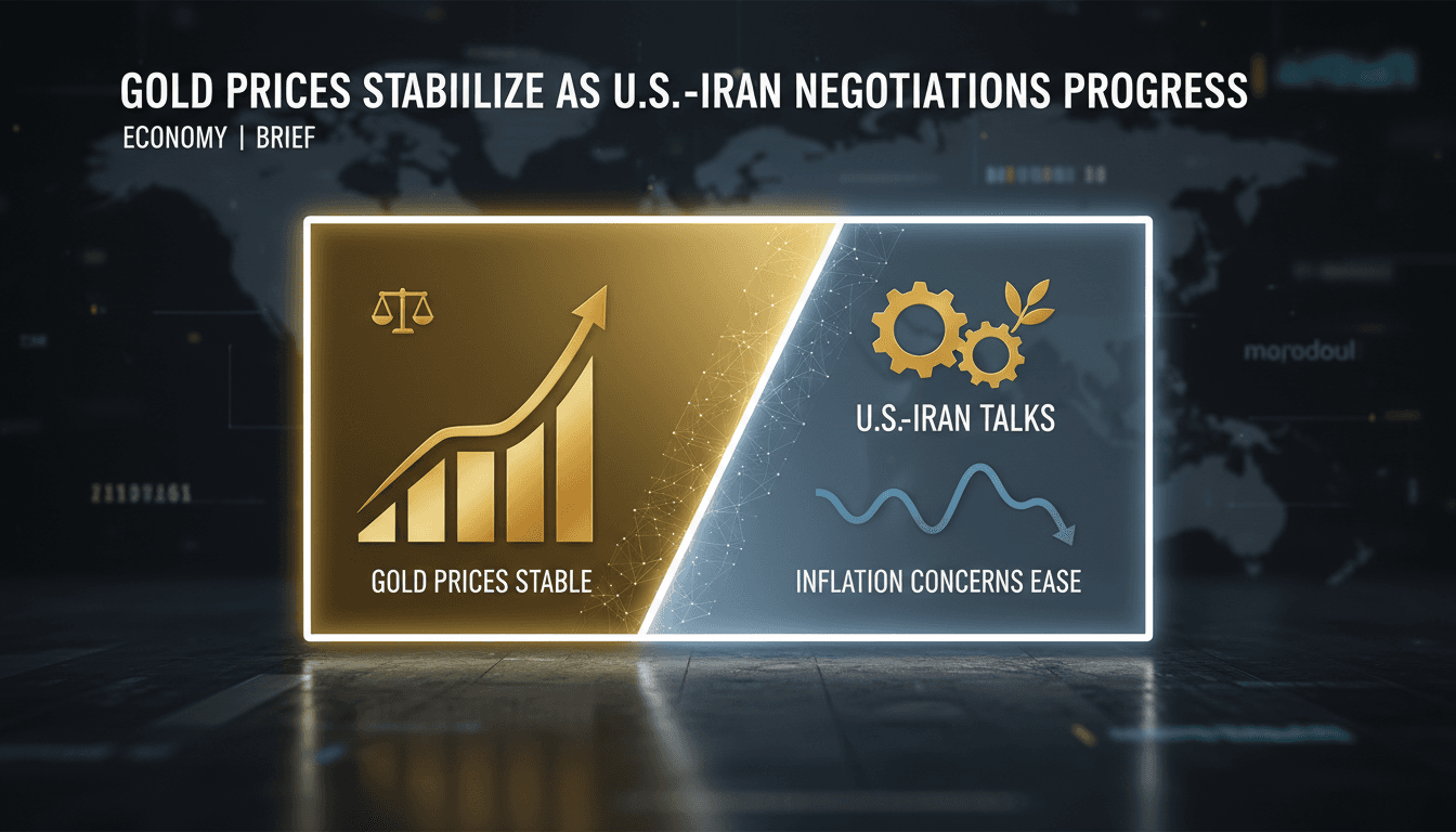 Gold bars with a backdrop of financial charts and U.S.-Iran flags