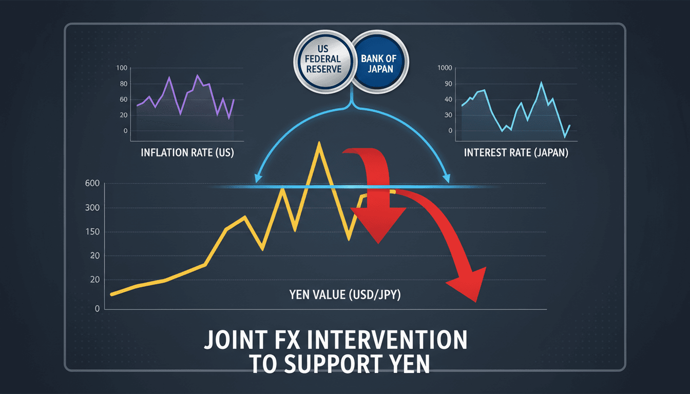 US and Japan flags with currency symbols representing foreign exchange intervention